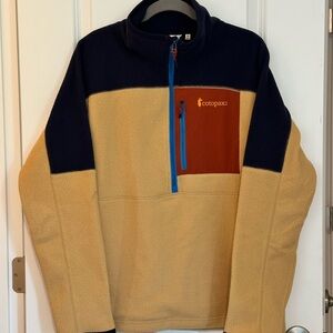 Cotopaxi V-Neck Sweater in Navy and Tan with Red Accent
